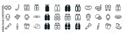 Scuba diving equipment icons set: masks, tanks, suits, knives, wetsuits, watches