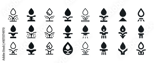Set of water droplet icons representing various waterfall and fountain designs