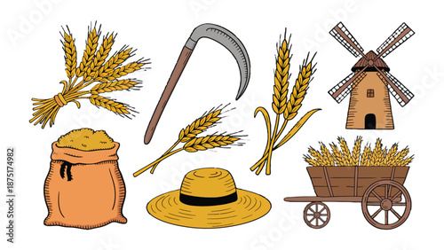 Harvest Bounty: A vibrant collection of golden wheat, a rustic windmill, a farmer's hat, a scythe, and other essential tools celebrate the abundance of the harvest season.