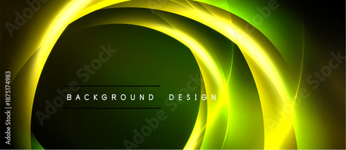 Vibrant yellow neon waves over dark green background. Modern design features smooth curves, glowing lines, text overlay.