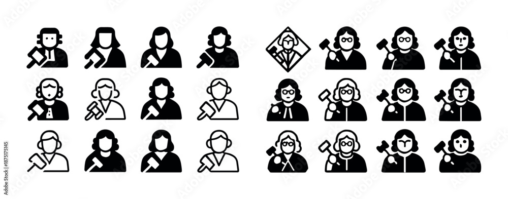 Obraz premium Icon set of diverse judges: varied styles and symbolism in legal representation