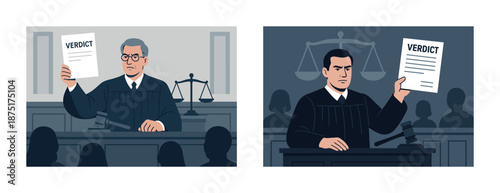 Male judges announcing verdict in courtroom illustrations