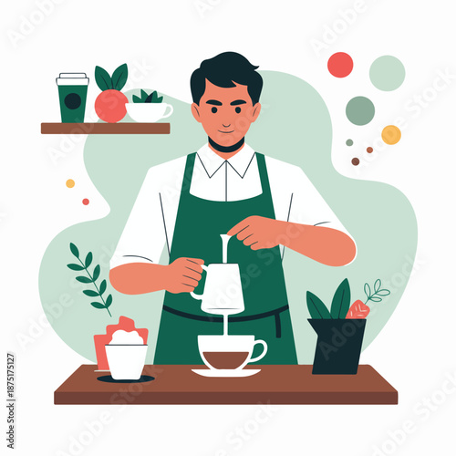 A barista prepares a cup of coffee in a modern cafe setting