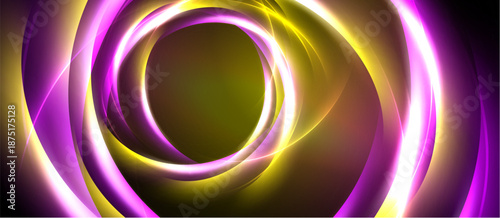 Abstract swirling lights create circular patterns. Vivid magenta, yellow hues dominate dark background. Dynamic energy radiates from center.