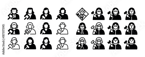 Icon set of diverse judges: varied styles and symbolism in legal representation