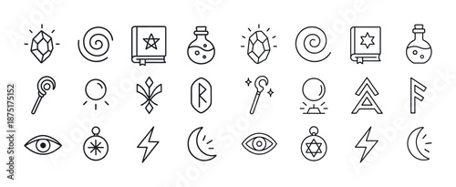 Magical symbols collection: crystals, books, potions, crescent moons, and wands