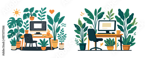 Cozy home office with indoor plants and computer desks