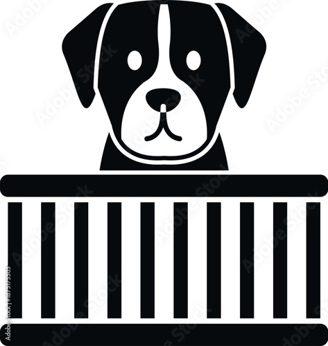 Dog's head appearing over a pet kennel or crate in a simple black and white icon