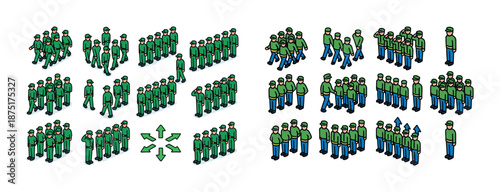 Crowd dynamics diagram with animated figures showing movement patterns