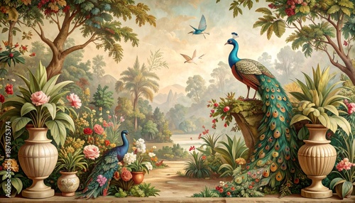 Ancient Roman Style Wallpaper with Lush Garden, Forest, and Exotic Birds