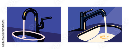 Stylized illustration of two modern faucets with flowing water against purple background