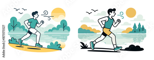 Caucasian male adult running outdoors by a lake during sunrise