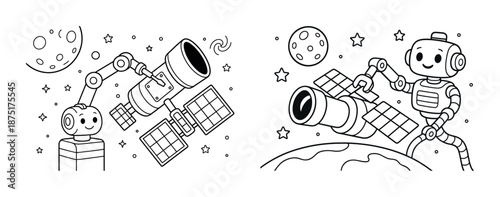 Cartoon robots exploring space with telescopes and satellites