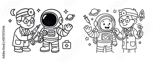 Child astronaut and doctor duo in cartoon space adventure