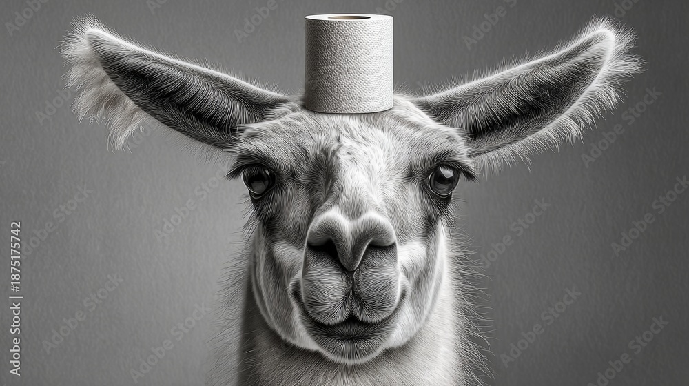 Naklejka premium Llama with a roll of paper towel balanced on its head, showcasing a humorous and whimsical expression against a soft gray background, perfect for playful and lighthearted themes