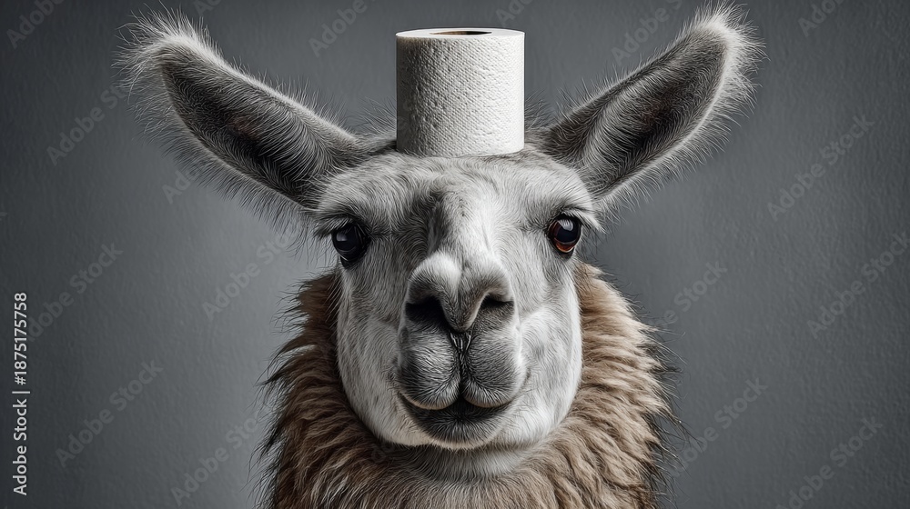 Fototapeta premium Llama with a roll of toilet paper on its head, showcasing a humorous and whimsical expression against a minimalist gray background, perfect for lighthearted and playful themes