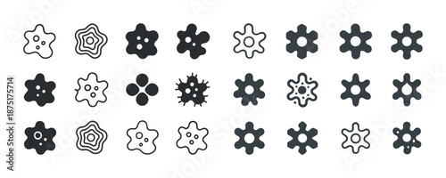 Variety of black and white abstract flower and microbe icons in rows