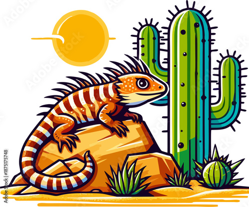 Cartoon iguana with spiky crest on rock beside cactus under sunny desert sky, vibrant vector illustration