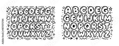 Quirky black and white doodle style alphabet set with decorative elements