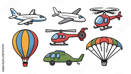 Air Vehicles Selection: A vibrant collection showcases various air vehicles, including planes, helicopters, hot air balloon, and parachute, symbolizing travel and adventure in the sky.