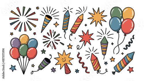 Festive Collection of Celebration Symbols: An eye-catching compilation of playful illustrations capturing the essence of jubilation. featuring balloons, fireworks.