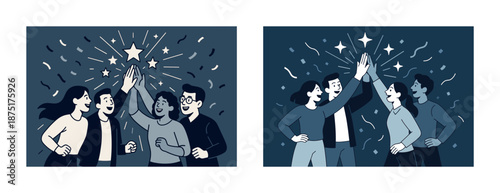 Diverse group of young adults celebrating with high fives at night event