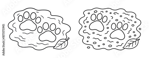 Outline of animal paw prints with leaf details on water and mud backgrounds