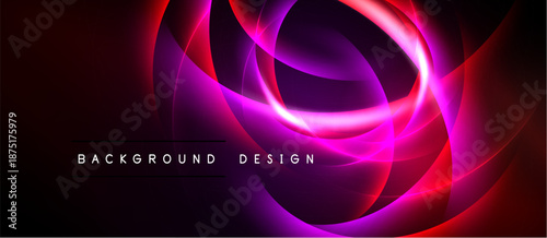 Abstract neon swirls, vibrant magenta, crimson hues. Dark background emphasizes glowing curves, dynamic composition. Modern design element.