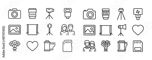 Photography equipment and accessories icon set with people