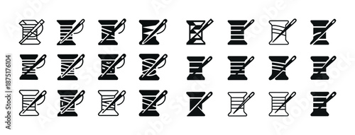 Minimalist sewing icons: various spools of thread and needles