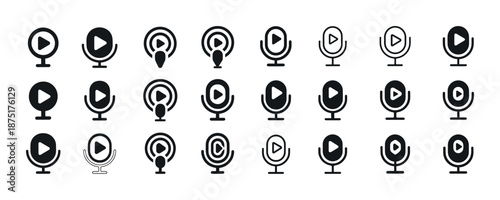 Set of play button and microphone icons for media and broadcasting