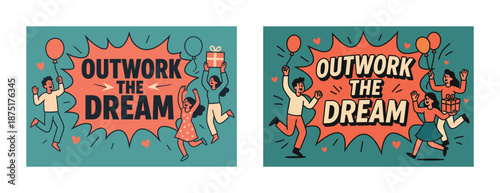 Diverse group celebrating with balloons and gifts in dynamic design