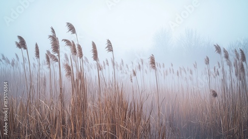 Misty morning scene with tall grass swaying in the wind at a wetlands area