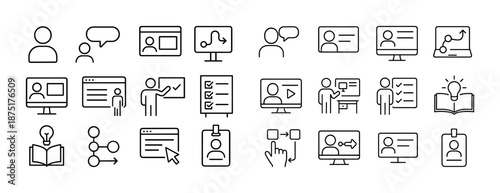 Collection of black line style icons representing communication, analysis, and learning concepts