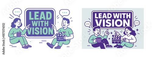 Lead with vision: two young adults in creative discussion with coffee and clapperboard