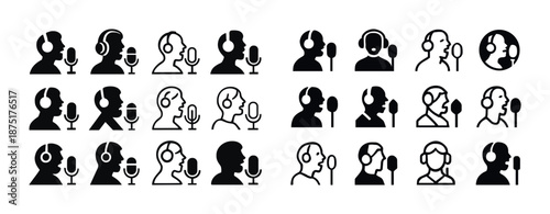 Various silhouette headphone icons with microphones