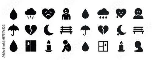 Silhouette icons: sad faces, clouds, broken hearts, and umbrellas