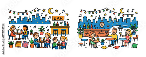 Outdoor skyline bar scene with diverse adults enjoying drinks at night