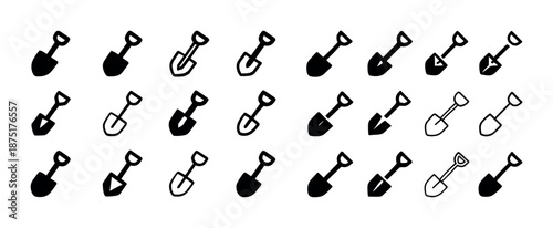 Collection of diverse shovel icons in various styles and designs