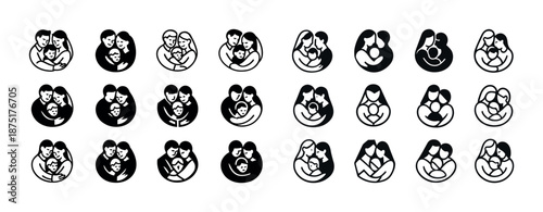Black and white family icons set illustrating diverse parent and child renderings