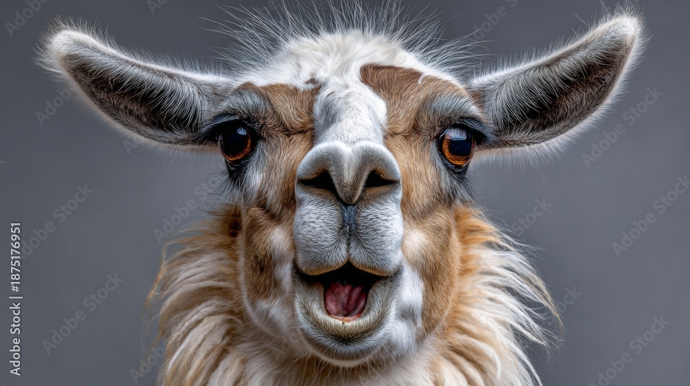 Fototapeta premium Close-up portrait of a llama with expressive features, showcasing its unique fur texture and vibrant eyes, set against a soft gray background, capturing the animal's playful personality and charm