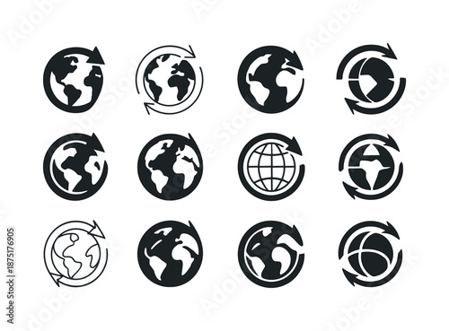 Earth Rotation Logos. Earth's rotation. Icon set. Set Logo of earth's rotation: rotating arrow around Earth. harmonious logo variations of the same emblematic