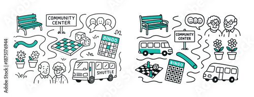 Community center activities: shuttle, bingo, socializing for elderly adults