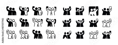 Various stick figure icons of people taking selfies in black and white