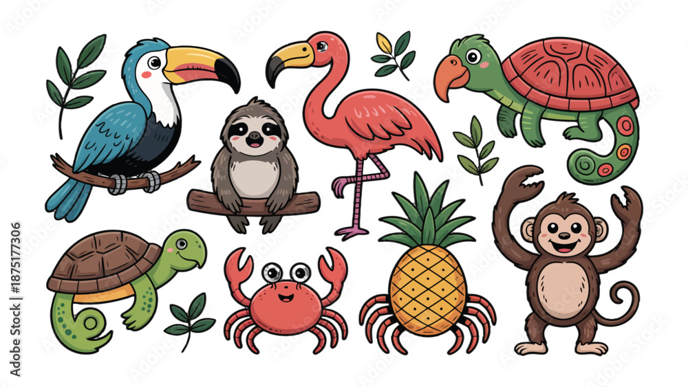 Naklejka premium Tropical Cartoon Animals and Elements: A colorful ensemble of charming cartoon characters and vibrant elements from the tropics, including toucan, flamingo, sloth, pineapple, turtle, crab and monkey.