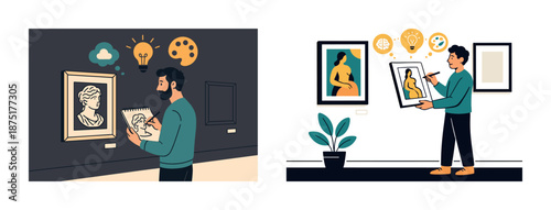 Young male artists sketching and analyzing art in gallery setting