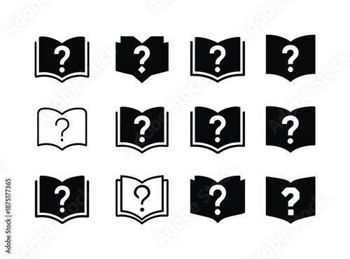 Amateur Icon Set. Amateur. Icon set. Set Logo of amateur: open book with question. harmonious logo variations of the same emblematic concept, each with
