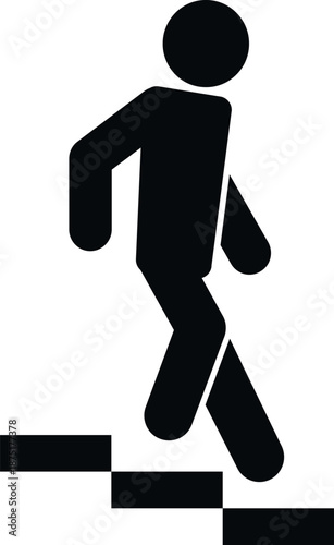 Person pictogram descending a flight of stairs, representing an exit sign or direction