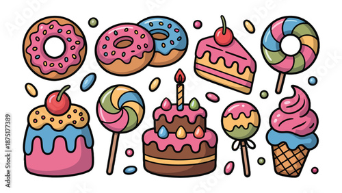 A Sweet Medley: An eye-catching assortment of colorful donuts, cakes, lollipops, and ice cream treats in a delightful arrangement. 