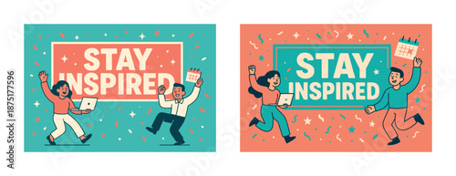 Diverse adults celebrating inspiration with laptops and calendars